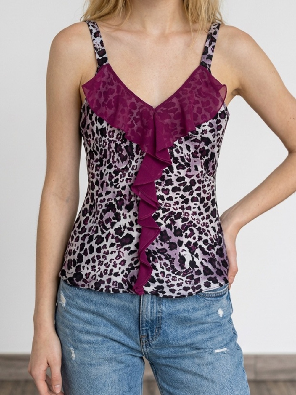 Women’s Purple Leopard Ruffle Cami Top size Small Y2K